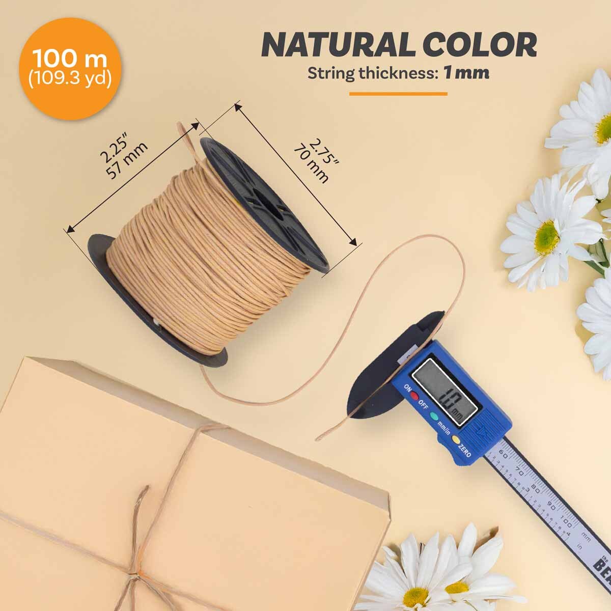 Natural 1mm Waxed Cotton Cord β 100 Meter Spool