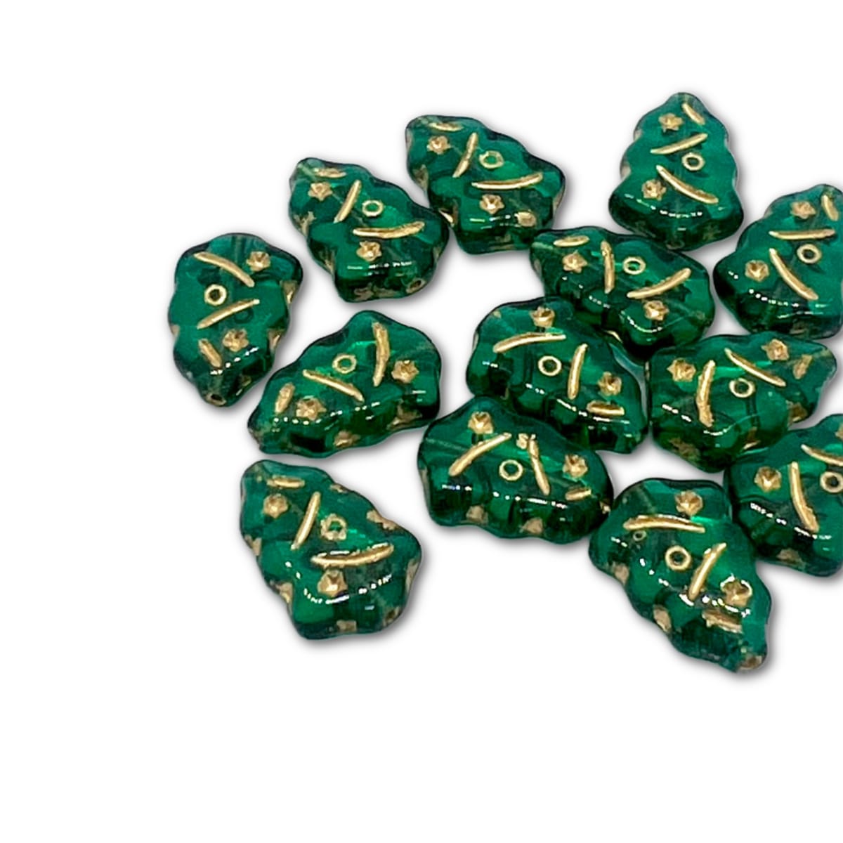 Czech Glass Christmas Tree Beads - 17x12mm - Emerald Green Gold Wash - Each