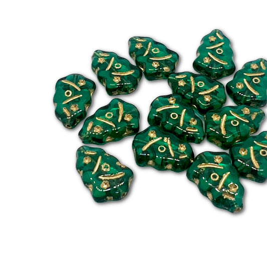 Czech Glass Christmas Tree Beads - 17x12mm - Emerald Green Gold Wash - Each