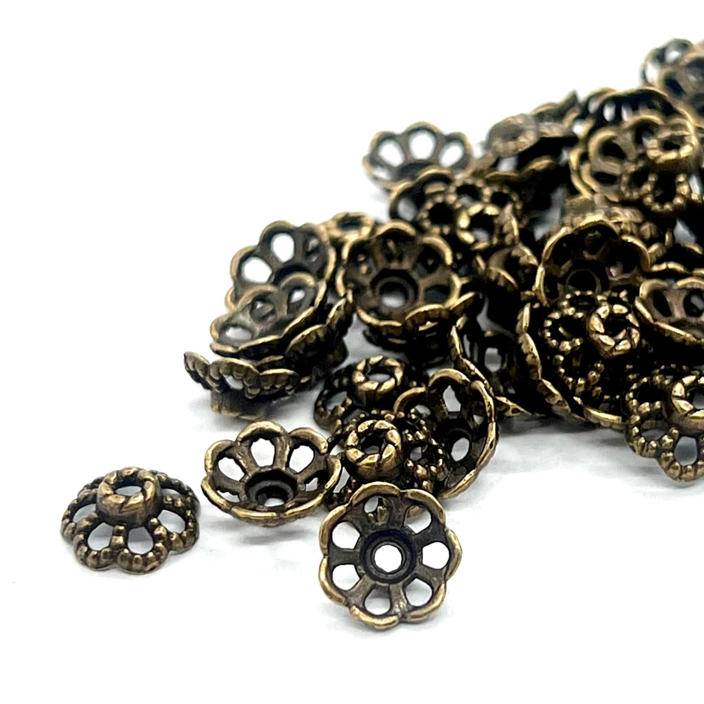 Antique Brass 9mm Filigree Bead Cap – Bag of 10