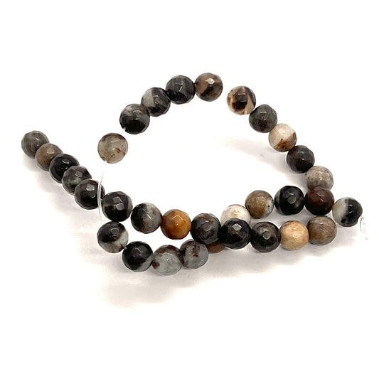 6mm Faceted Grey Silver Leaf Jasper Round Bead Strand – Approx 35 beads