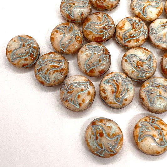 11mm Vintage Czech Little Bird Coin Bead - Duck Egg Picasso - Pack of 1