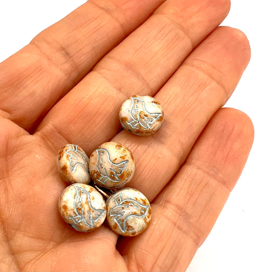 11mm Vintage Czech Little Bird Coin Bead - Duck Egg Picasso - Pack of 1