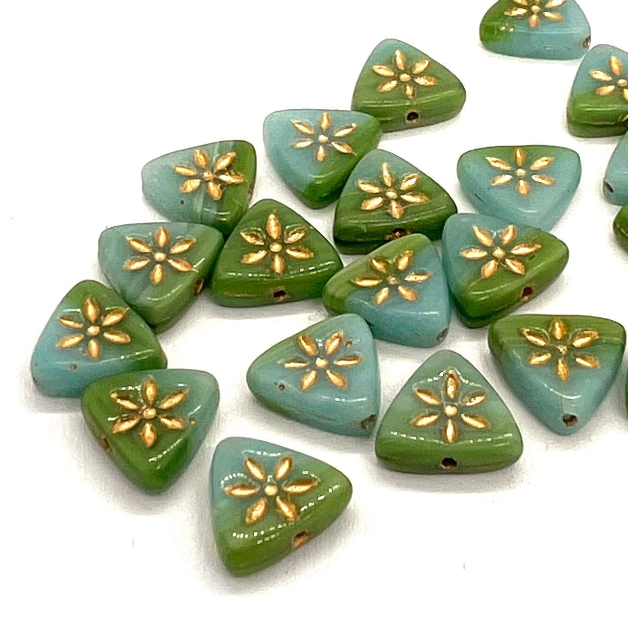 10mm Czech Glass Triangle Bead - Green/Turquoise - Per Piece