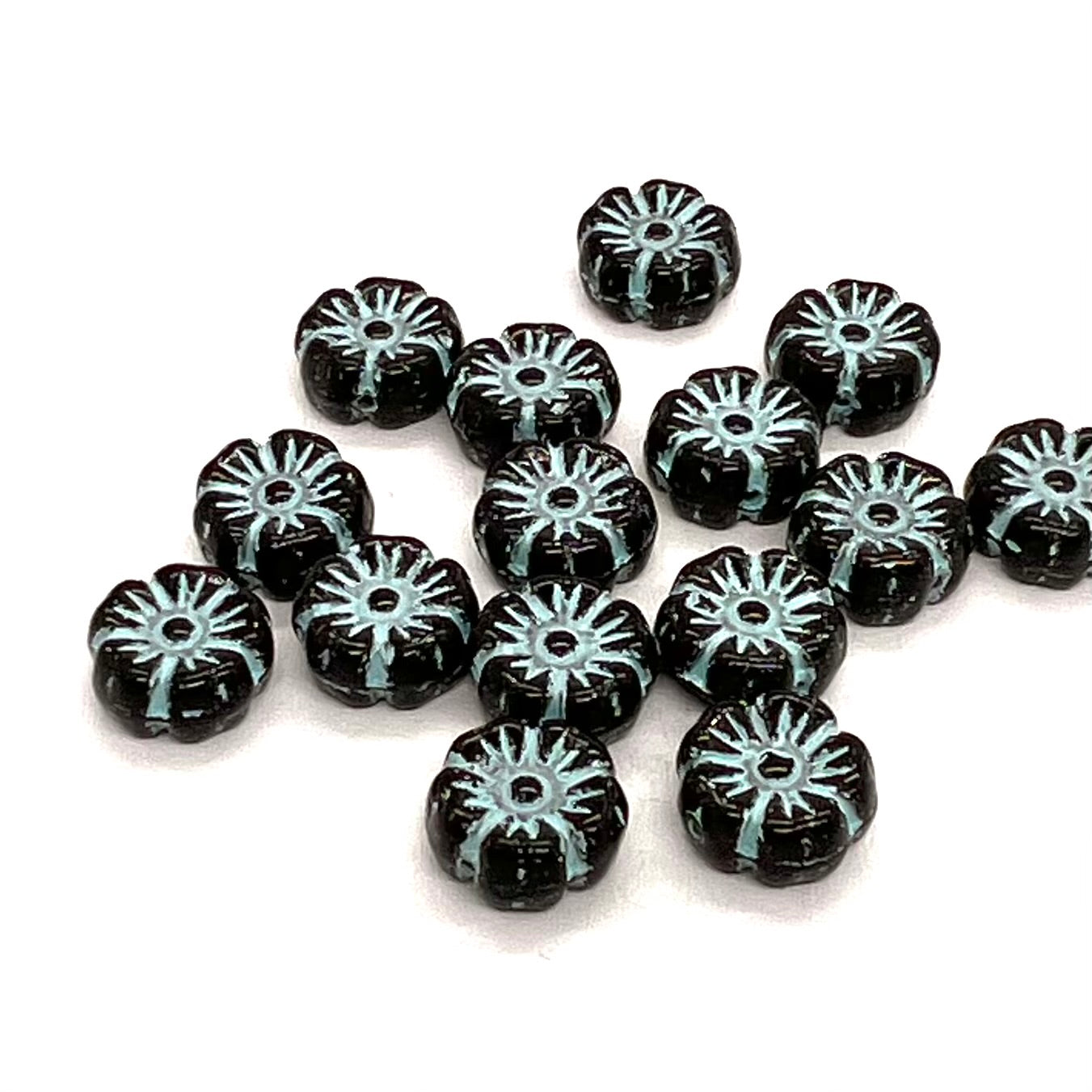 8mm Czech Glass Mallow Flower Bead - Jet Verdigris Wash - Per Piece