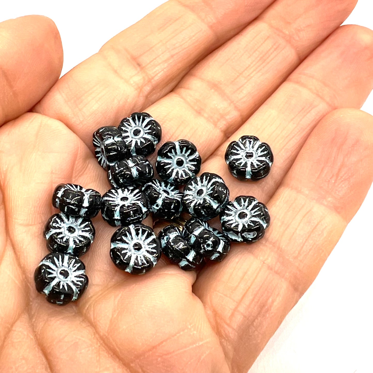 8mm Czech Glass Mallow Flower Bead - Jet Verdigris Wash - Per Piece