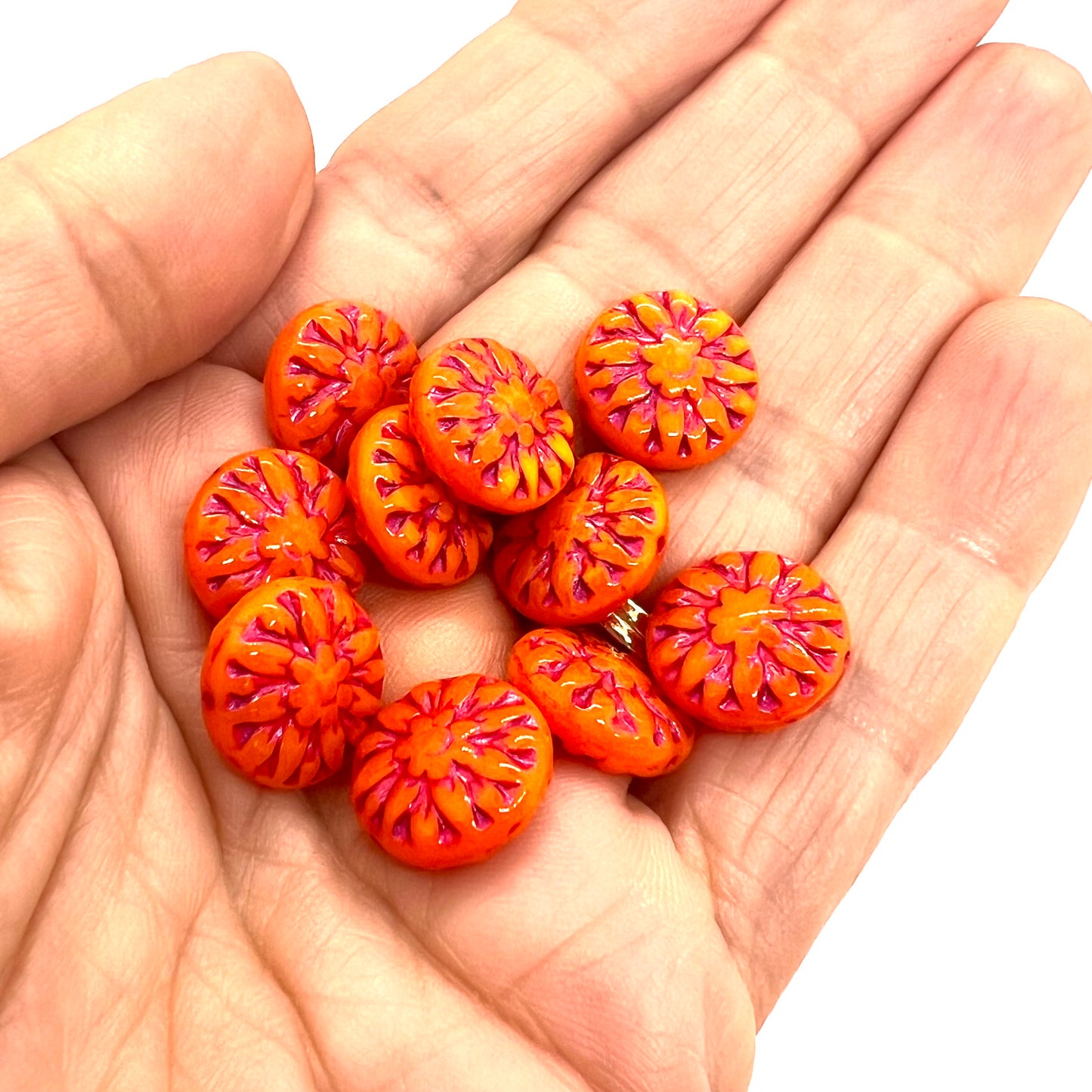15mm Czech Glass Vintage Style Round Bead - Orange Pink Wash - Per Piece