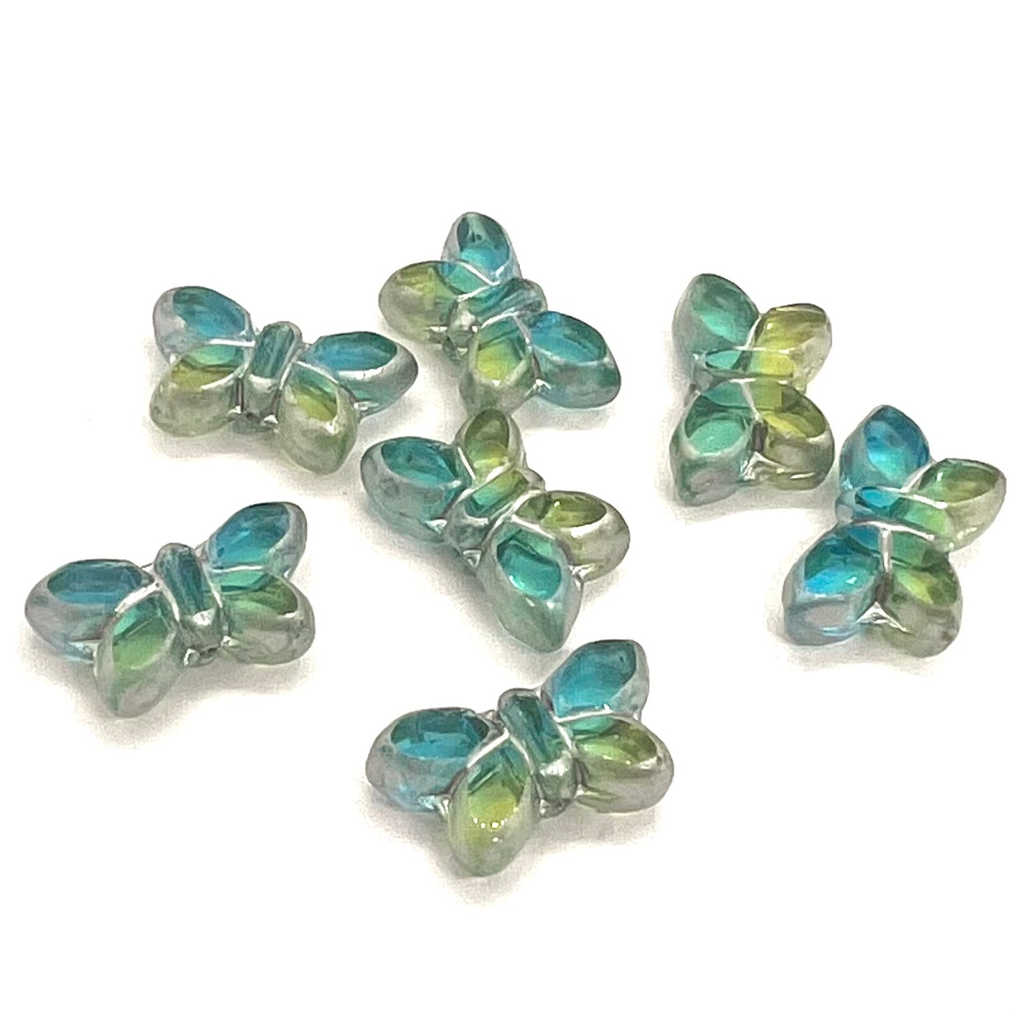 11x20mm Czech Glass Vintage Style Table Cut Butterfly Beads - Green/Blue Silver Wash - Per Piece