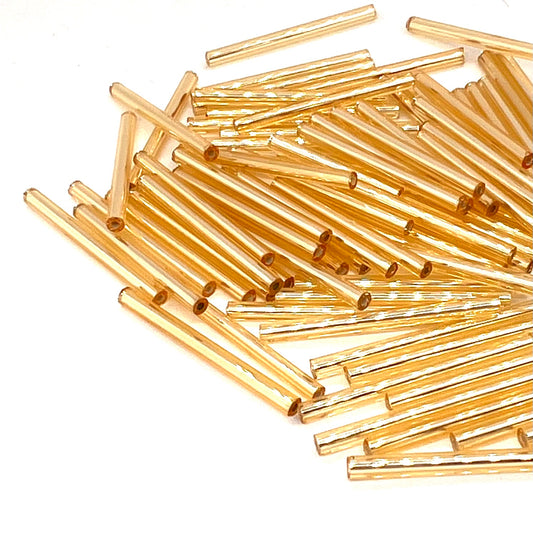 30mm Vintage Czech Bugle Beads - Silver Lined Gold - Pack of 10