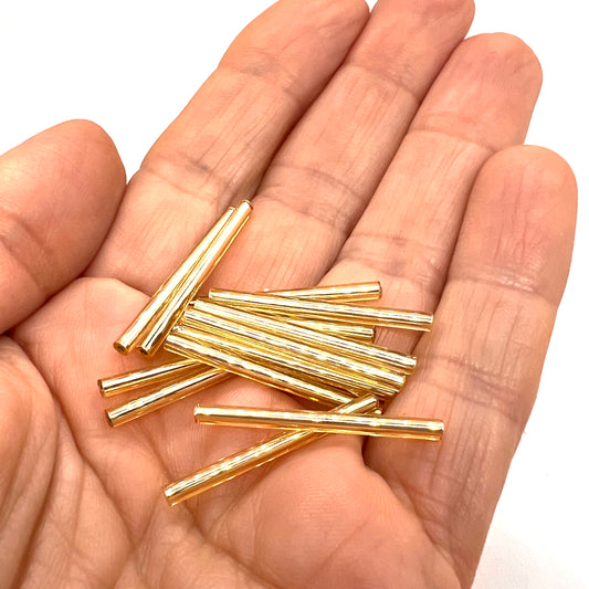 30mm Vintage Czech Bugle Beads - Silver Lined Gold - Pack of 10