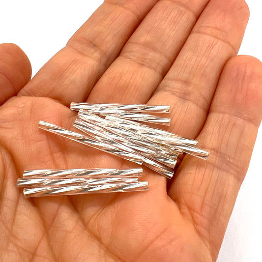 30mm Vintage Czech Bugle Beads - Twistsed Silver Lined Crystal - Pack of 10