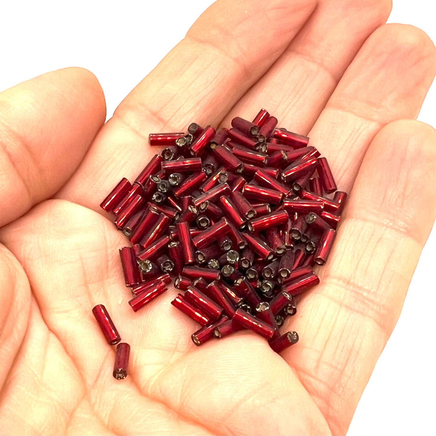 7mm Vintage Czech Bugle Beads - Silver Lined Ruby - 10g