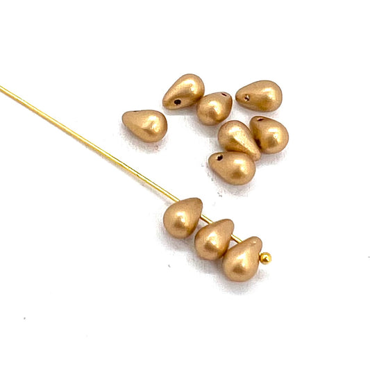 4x6mm Pressed Glass Tear Drop Beads - Pack of 10 - Light Gold Matte