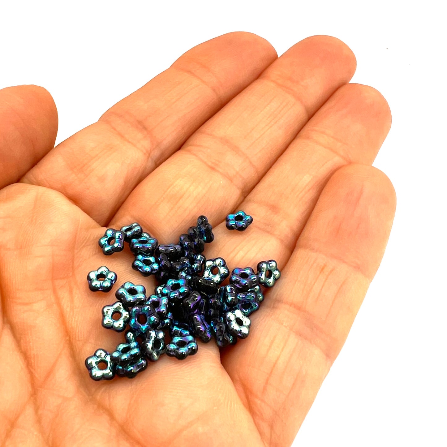 5mm Czech Glass Flower Beads - Pack of 50 - Jet Full AB