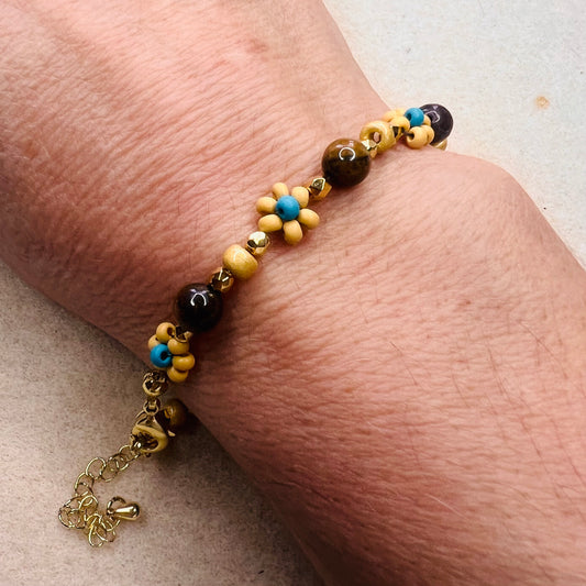 Tiger’s Eye and 24k Gold Plated Daisy Motif Bracelet Kit – Perfect for Beginners