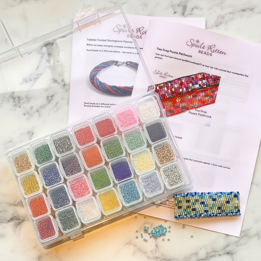 Miyuki Starter Kit with Two Patterns - 28 Colours (168 grams) & Handy Storage Box