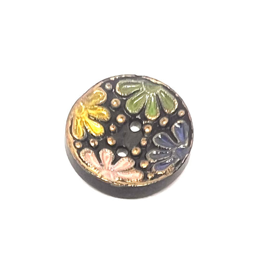Vintage Czech Glass Hand Painted Flower Button 18mm - Black