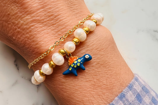 18k Gold Plated Baby Dinosaur Pearl Charm Bracelet Kit - Includes charity donation to The Dinosaur Trust