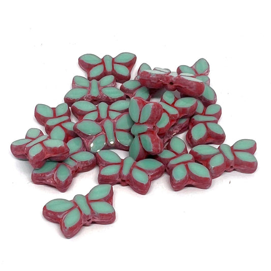 11x20mm Czech Glass Vintage Table Cut Butterfly Beads - Turquoise Pink Wash -  Per Piece
