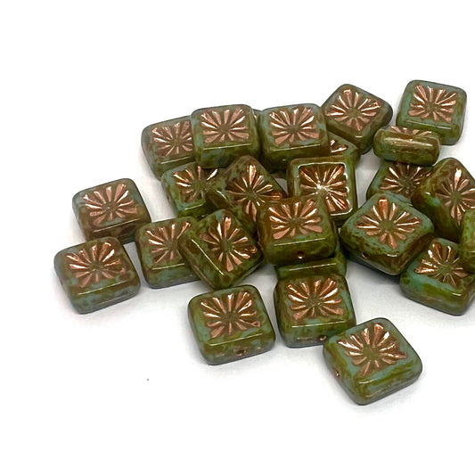 10x10mm Czech Glass Starburst Bead – Turquoise Picasso Rose Gold Wash – Pack of 5