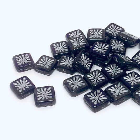 10x10mm Czech Glass Starburst Bead – Dark Navy Silver Wash – Pack of 5