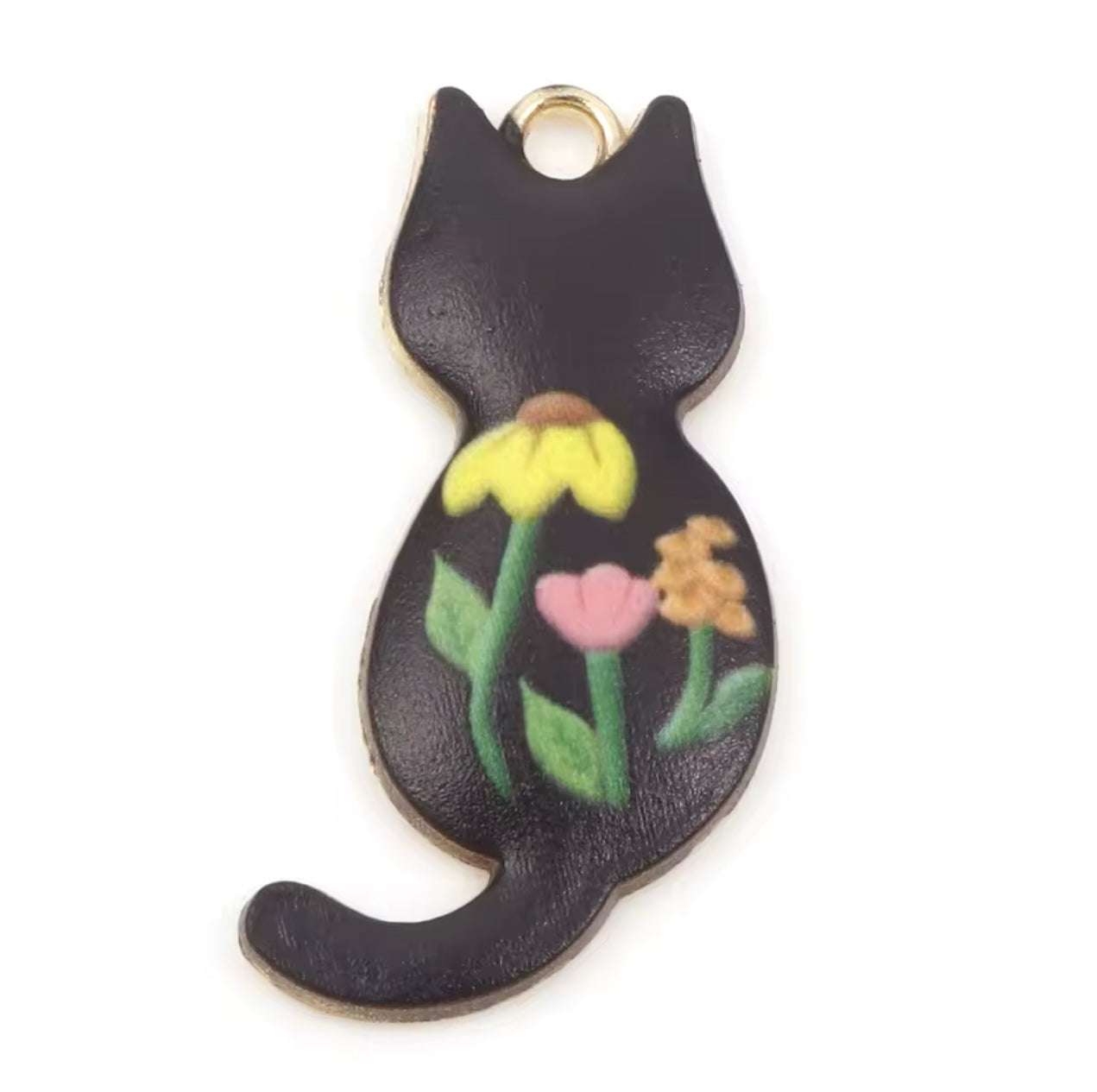 Gold Plated Enamel Cat Charm - 25x16mm - Black - Pack of 1