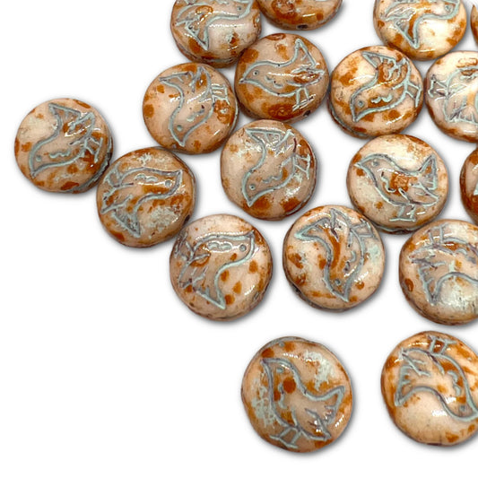 11mm Vintage Czech Little Bird Coin Bead - Duck Egg Picasso - Pack of 1
