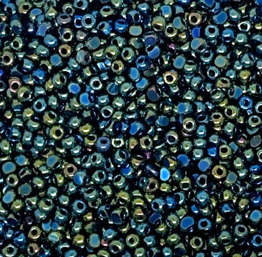11/0 Preciosa Faceted Seed Beads - 10g Bag - Jet Green Iris
