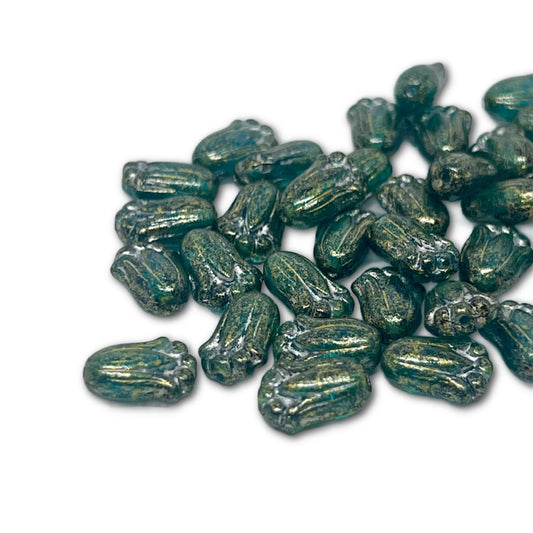 12x8mm Vintage Tulip Bead – Turquoise Verdigris Gold – Pack of 10