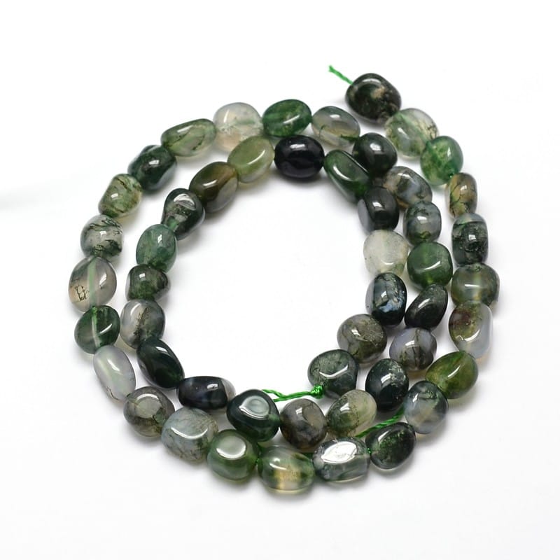 5-8mm Moss Agate Smooth Nugget Bead Strand - Approx 14 Inches