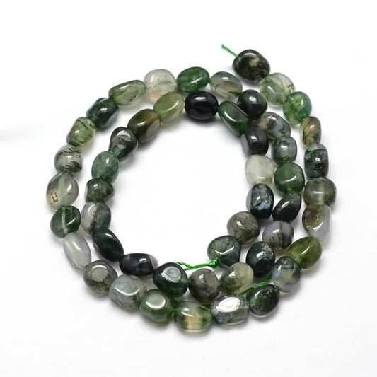 5-8mm Moss Agate Smooth Nugget Bead Strand - Approx 14 Inches