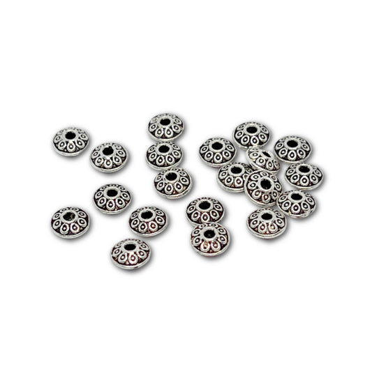 Silver Plated Decorated Saucer Beads - 7mm - Pack of 20