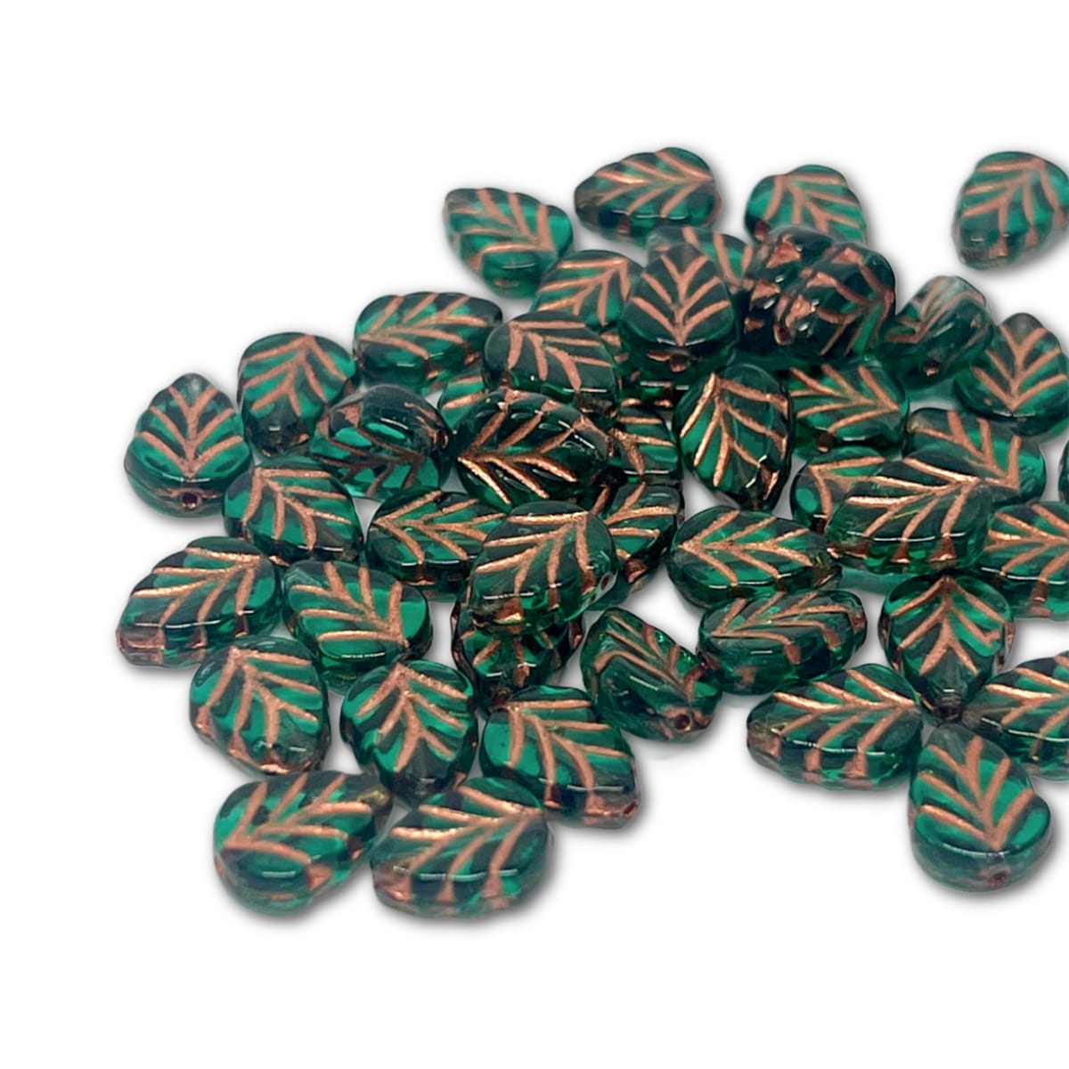 Czech Glass Mint Leaf Beads – 10x8mm – Pack of 10 – Emerald Capri Copper Wash