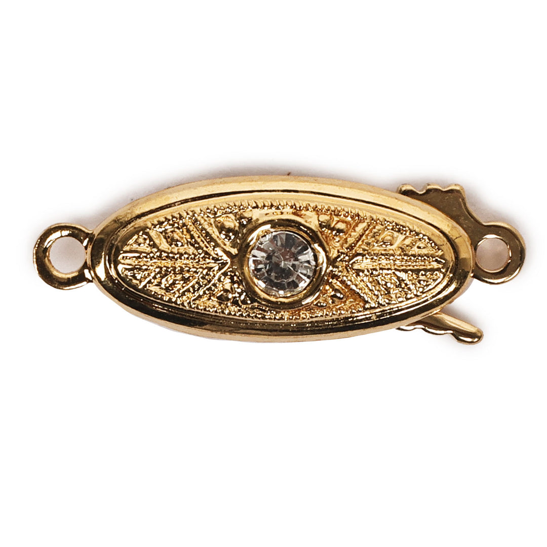 Claspgarten Oval Filigree Box Push Clasp with Swarovski Crystals | 10x5mm | 1-Strand | Real 23k Gold Plated
