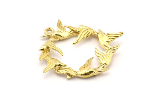 Raw Brass Bird Wreath Pendant 35mm