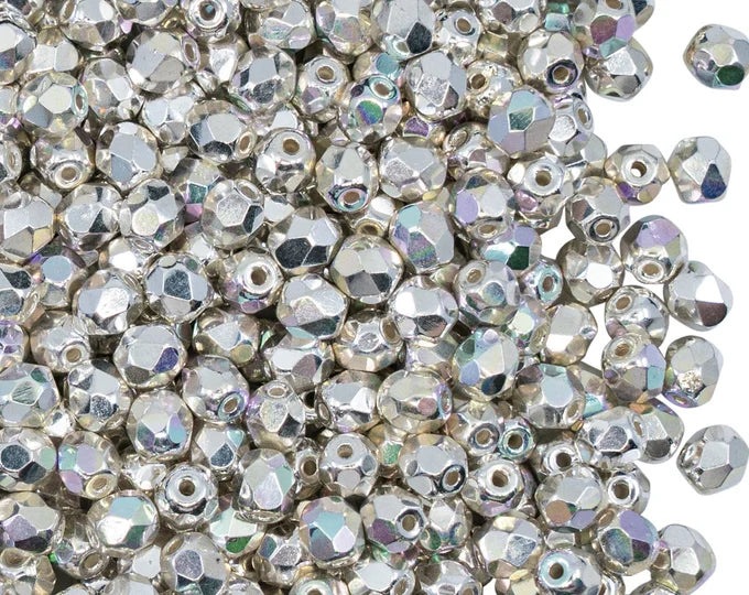 3mm Czech Fire Polish – 31000/28701 – Fine Silver Plated AB x 100