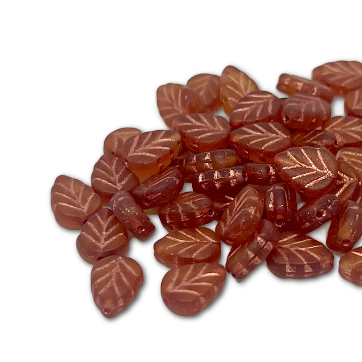 Czech Glass Mint Leaf Beads – 10x8mm – Pack of 10 – Rust Capri Gold Wash