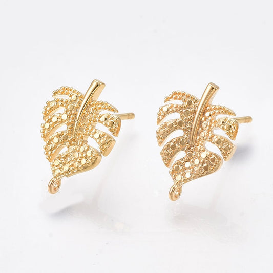 18k Gold Plated Textured Monstera Leaf Earring Findings - Priced Per Pair