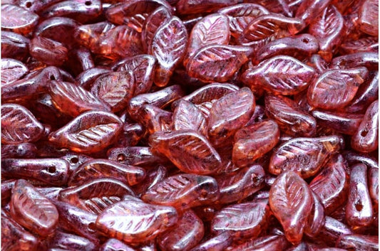 Czech Glass Wavy Leaf Beads - 6x12mm - Pack of 10 - Deep Rose Luster