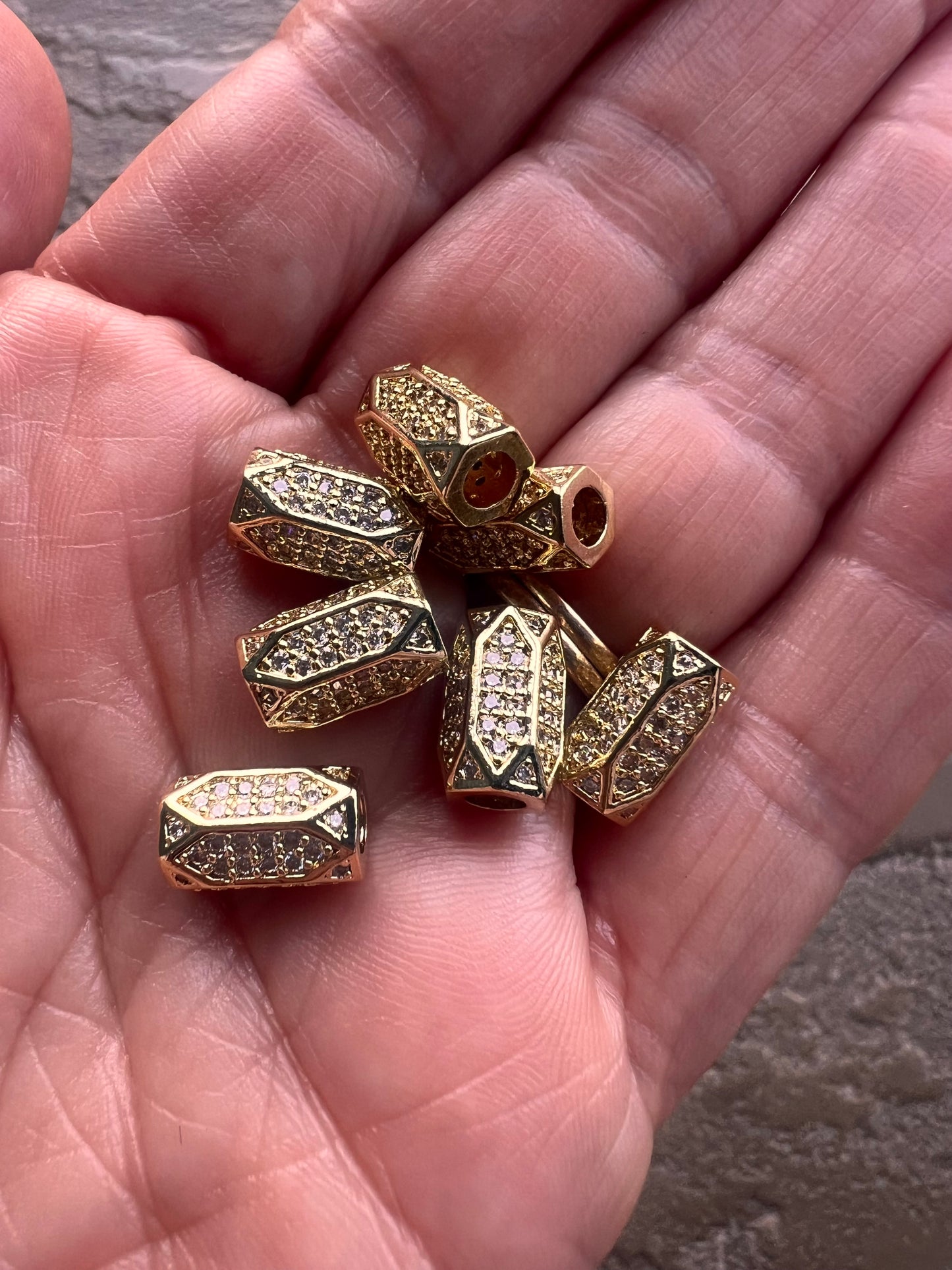 18k Gold Plated Micro Pave Cubic Zirconia Hexagon Bead - Priced Per Piece