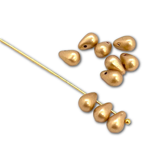 4x6mm Pressed Glass Tear Drop Beads - Pack of 10 - Light Gold Matte