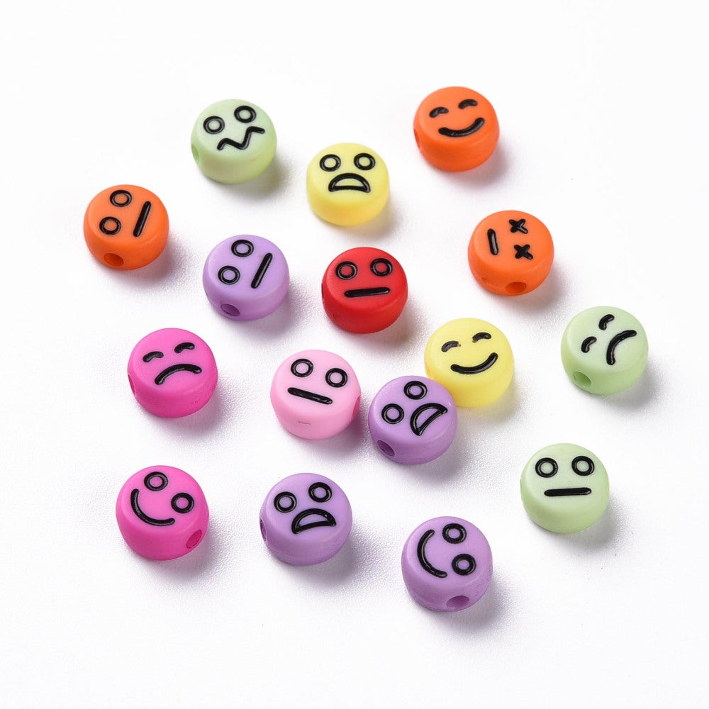Mixed Colour Acrylic Emoji Beads 7x4mm - Pack of 25 - Happy, Sad, Meh and Ugh...