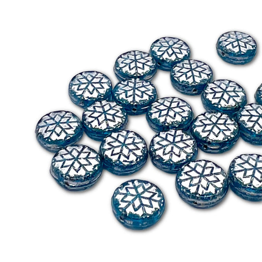 Czech Glass Snowflake Beads - 11mm - Aqua Silver Wash - Pack of 10