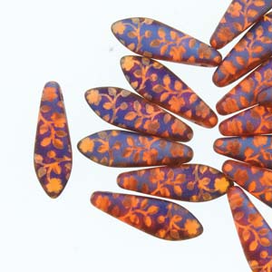 Czech Glass Dagger Beads 5x16mm – Strand of 25 – Orange Transparent Laser Matte Flower