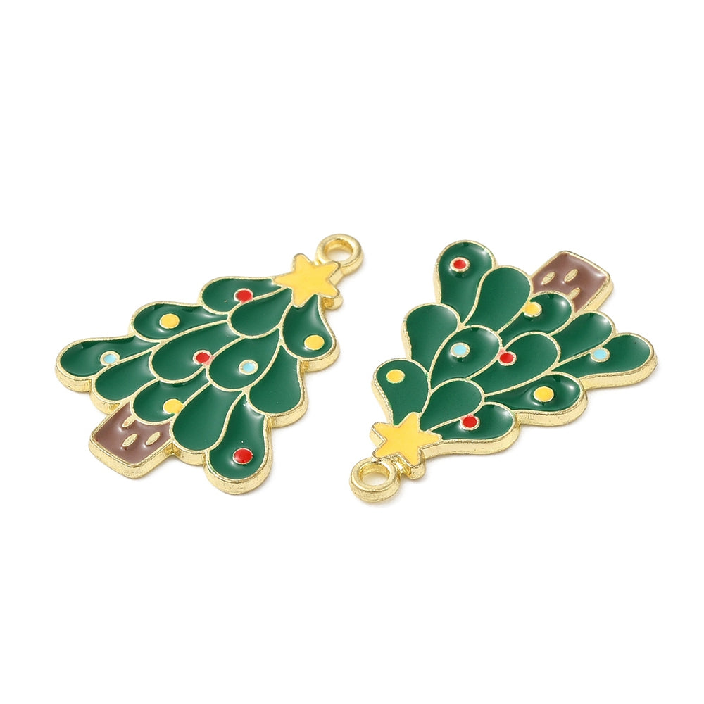 Gold Plated Enamel Rounded Christmas Tree Charm - 24x17mm - Pack of 2