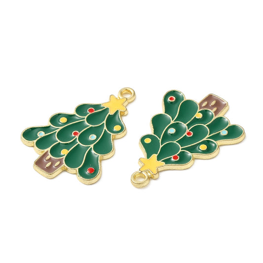 Gold Plated Enamel Rounded Christmas Tree Charm - 24x17mm - Pack of 2
