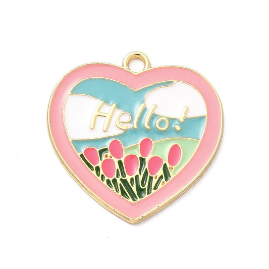 Gold Plated Enamel "Hello" Heart Charm - 26mm - Pack of 2
