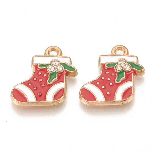 Gold Plated Enamel and Crystal Christmas Stocking Charm - 18x17mm - Pack of 2