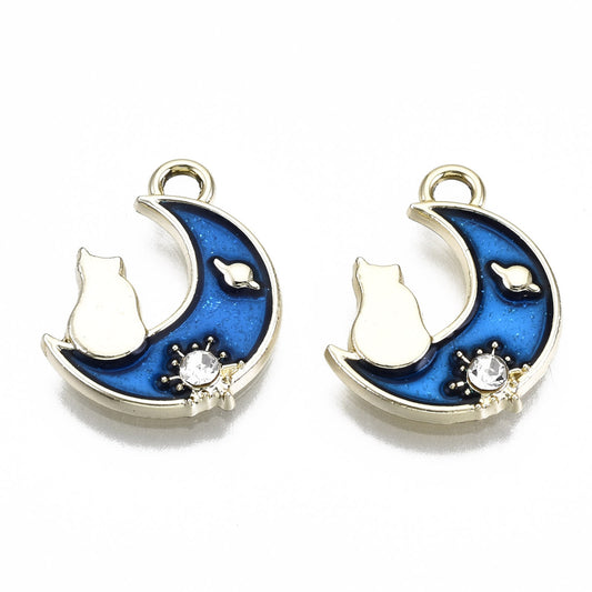 Gold Plated Enamel Cat on the Moon Charm - 15x11mm - Pack of 2