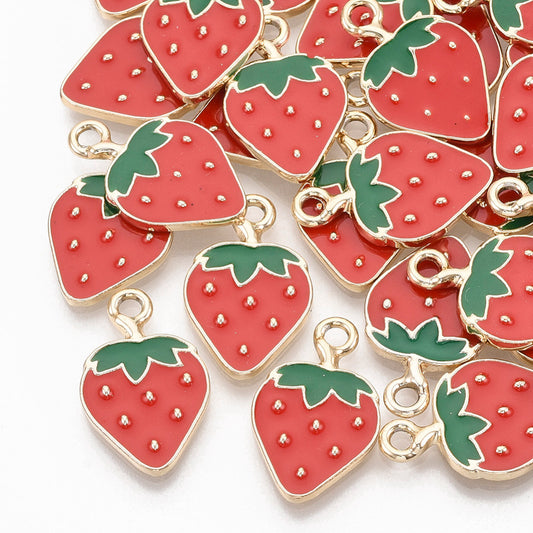 Gold Plated Enamel Strawberry Charm - 20.5x13mm - Pack of 2